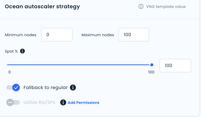 Screenshot of Ocean autoscaler strategy area in AKS cluster showing commitments permissions UI
